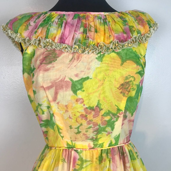 Vintage Chez Bea Square Dance Yellow Floral Dress - Picture 8 of 11